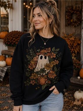Cozy Black Floral Ghost Pullover Sweatshirt - Women's Top